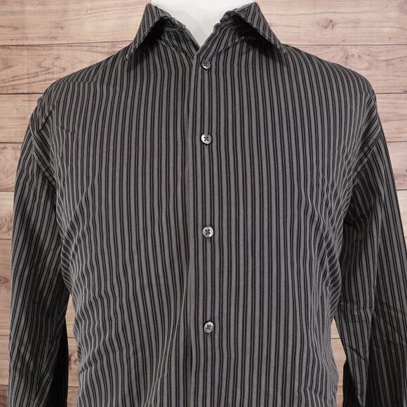 VAN HEUSEN BLACK GREY STRIPED BUTTON DOWN SHIRT MENS SIZE L 16-16.5 - Picture 1 of 7